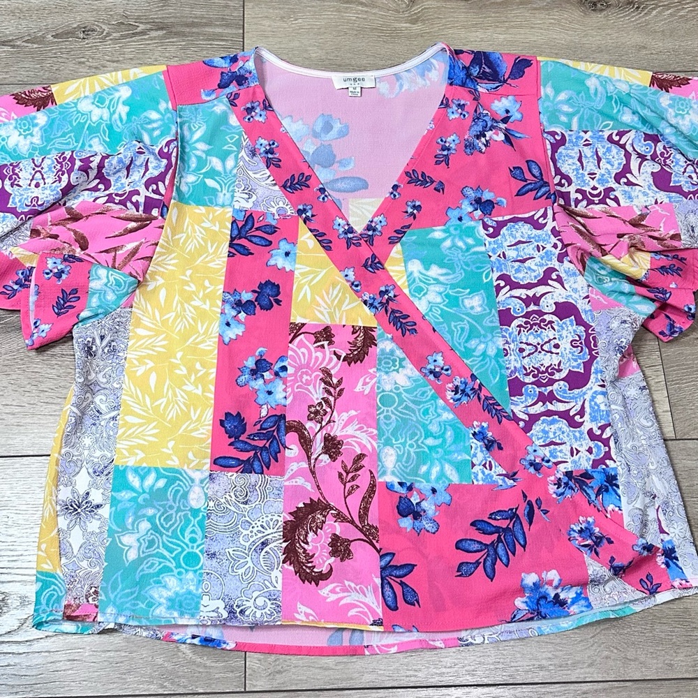 Umgee Mock Wrap Crossbody Flutter Sleeve Mixed Print Top - Picture 7 of 15